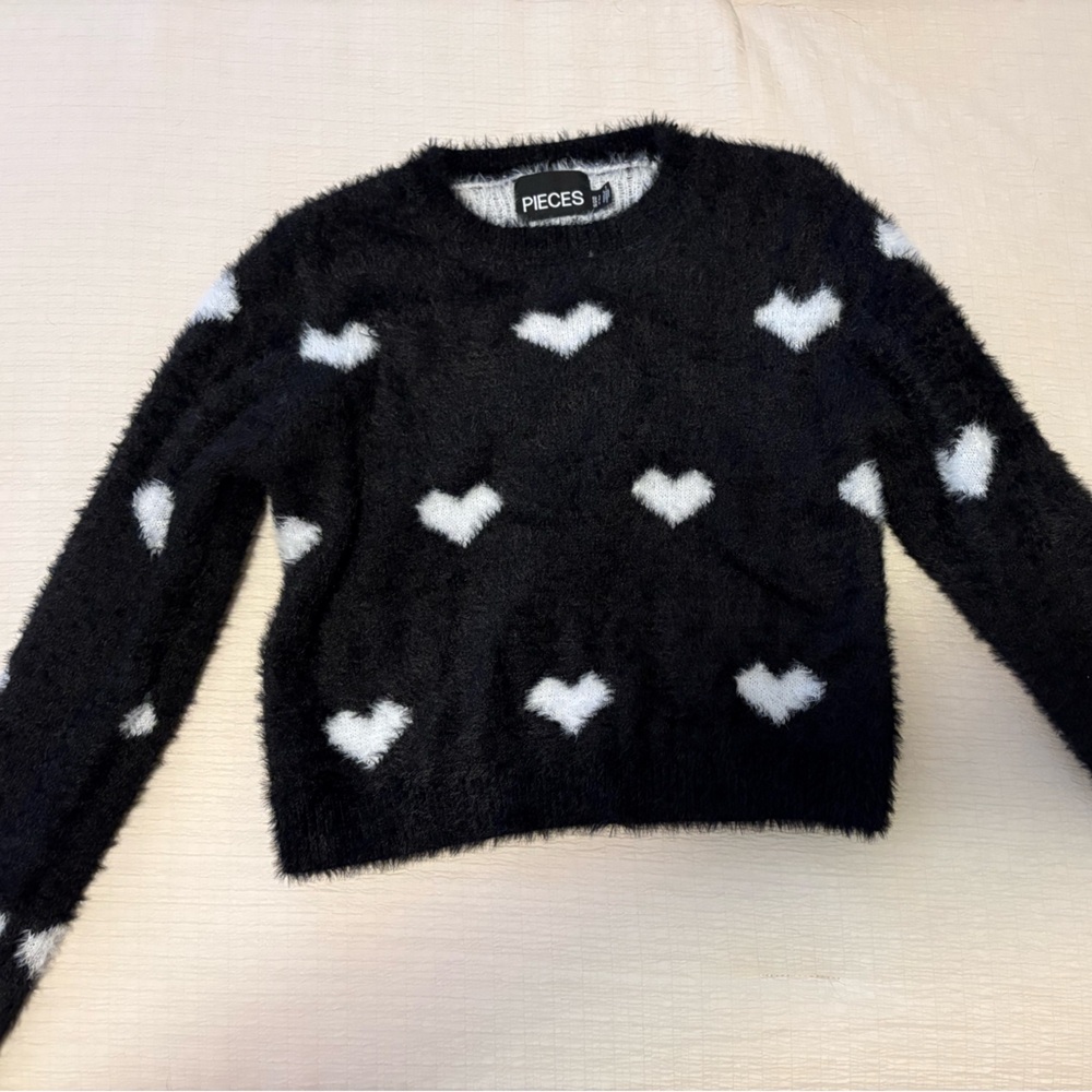 Black & White Fuzzy Heart Sweater